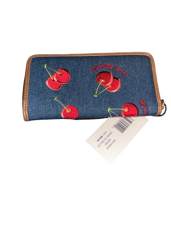 Steve Madden Denim Cherry Embroidered Large Zip Around Wallet New - Picture 2 of 10